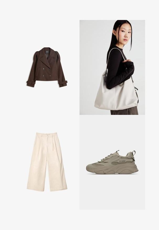 Brun dobbeltbrystet jakke i uldblanding med skulderlapper, store revers, to frontlommer og optrukne manchetter. Mærket indvendig label.; Hvid kortærmet t-shirt lavet af bomuld. Har en rund halsudskæring og en afslappet pasform. Glat tekstur uden synlige mønstre eller detaljer.; Beige breddebukser lavet af blødt stof med høj talje, der har plisseringer og en frontknaplukning. Glat tekstur og skræddersyet design.; Beige chunky sneakers med mesh-detaljer, tyk sål, snørebånd, strop på hælen og "STEVE MADDEN" logo på sidepanelet.; Beige håndtaske lavet af blødt materiale med et slouchy design, stikninger og to skulderremme. Velegnet til daglig brug.