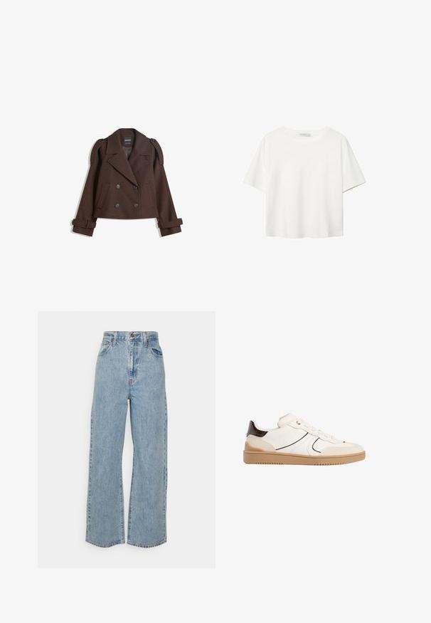 Hnědá dvouřadá bunda z vlněné směsi s epauletami na ramenou, velkými límci, dvěma předními kapsami a ohrnutými manžetami. Vnitřní štítek s označením.; Bílý krátký rukáv tričko vyrobené z bavlny. Má kulatý výstřih a volný střih. Hladký materiál bez viditelných vzorů nebo akcentů.; Světle modré džíny s širokými nohavicemi, vysokým pasem, předním knoflíkem, zipovým uzávěrem a designem se pěti kapsami na jednobarevném pozadí.; Stradivarius Tenisky - white