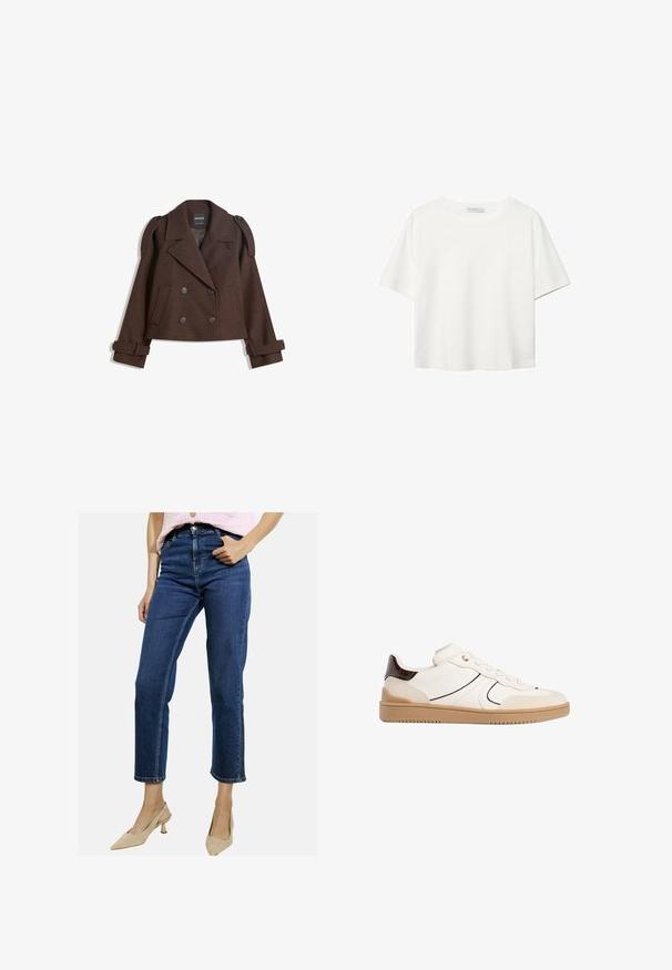 Rjava dvojna volna mešana jakna z epauleti na rami, velikimi reverji, dvema sprednjima žepoma in zavihanimi manšetami. Oznaka na notranji strani.; Bela kratka majica s kratkimi rokavi iz bombaža. Ima okroglo izrezovanje in sproščen kroj. Gladka tekstura brez vidnih vzorcev ali poudarkov.; Temno modri džins hlače s ravnim krojem, visokim pasom in krajšo dolžino, ki imajo zanke za pas in vidne šive.; Stradivarius Športni copati - white