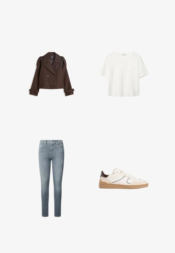 Smeđi dvostruki vuneni sako s epauletima na ramenima, velikim reverima, dva prednja džepa i prevrnutim manžetama. Oznaka unutrašnjosti.; Bijela majica kratkih rukava od pamuka. Ima okrugli izrez i opušteni kroj. Glatka tekstura bez vidljivih uzoraka ili naglasaka.; Uske uski jeansi uske uske u obliku uskoj ravnomjernog jeansa od mekog, svijetlo plavog denima. Ima pet džepova, zatvarač na rajsferšlus, i petlje za remen, s glatkom teksturom i minimalnim izbljeđivanjem.; Stradivarius Tenisice - white