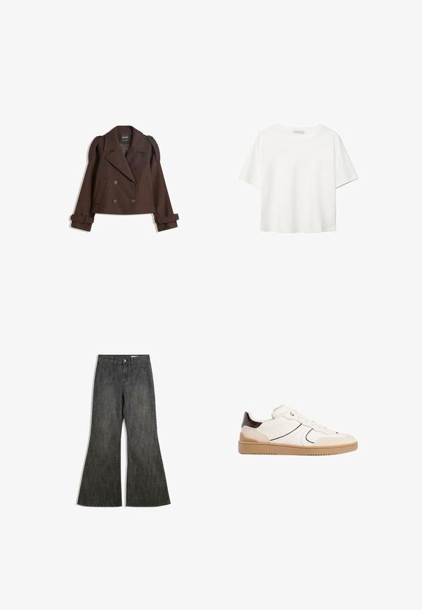 Rjava dvojna volna mešana jakna z epauleti na rami, velikimi reverji, dvema sprednjima žepoma in zavihanimi manšetami. Oznaka na notranji strani.; Bela kratka majica s kratkimi rokavi iz bombaža. Ima okroglo izrezovanje in sproščen kroj. Gladka tekstura brez vidnih vzorcev ali poudarkov.; Črne flare kavbojke z visokim pasom, ki imajo dva sprednja in dva zadnja žepa, izdelane iz strukturiranega jeansa.; Stradivarius Športni copati - white