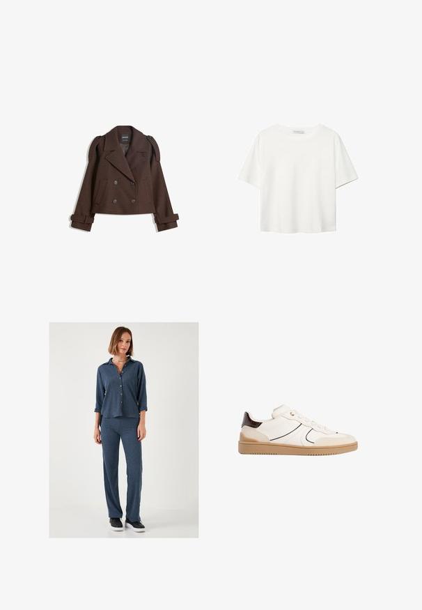 Rjava dvojna volna mešana jakna z epauleti na rami, velikimi reverji, dvema sprednjima žepoma in zavihanimi manšetami. Oznaka na notranji strani.; Bela kratka majica s kratkimi rokavi iz bombaža. Ima okroglo izrezovanje in sproščen kroj. Gladka tekstura brez vidnih vzorcev ali poudarkov.; Dvojnosni komplet, ki vključuje teksturirano, temno modro srajco na gumb z zavihanimi rokavi in ujemajoče se oprijete hlače. Črne superge dopolnjujejo videz.; Stradivarius Športni copati - white