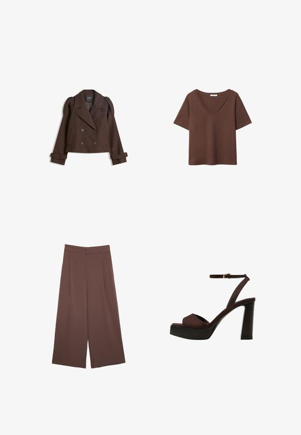 Rjava dvojna volna mešana jakna z epauleti na rami, velikimi reverji, dvema sprednjima žepoma in zavihanimi manšetami. Oznaka na notranji strani.; Rjava bombažna majica s kratkimi rokavi in globokim V-izrezom. Preprost dizajn, mehak material in raven rob. Brez vzorcev ali dekorativnih elementov.; Rjave široke hlače z gladko teksturo, ki imajo visok pas in sprednje naborke. Tkanina je lahka in prosto pada.; Rjave semiš sandale z visoko peto, odprto spredaj, z nastavljivim gležnjenjem in črtastim podplatom.