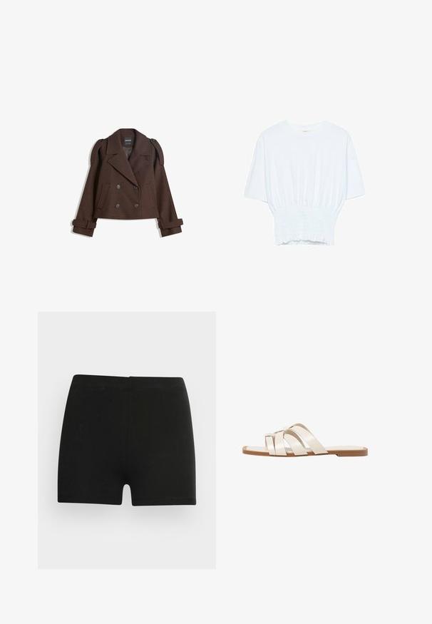 Ruskearvoinen kaksirivinen villasekoitekavit, jossa on olkalaput, suuret kaulukset, kaksi etutaskua ja käärityt hihansuut. Merkattu sisätunnus.; Valkoinen lyhythihainen t-paita, jossa on rento leikkaus ja frillattu tekstuuri vyötäröllä. Valmistettu pehmeästä, kevyestä kankaasta.; Musta puuvillahousut, joissa on tiukka malli ja joustava vyötärö. Sileä rakenne, reiden keskiväliin ulottuva pituus, eikä näkyviä kuvioita tai korostuksia.; Tason vaaleanruskealla kumipohjalla, jossa on kolme päällekkäistä valkoista nahkaremmiä ja pieni satiininen rusetti keskellä.