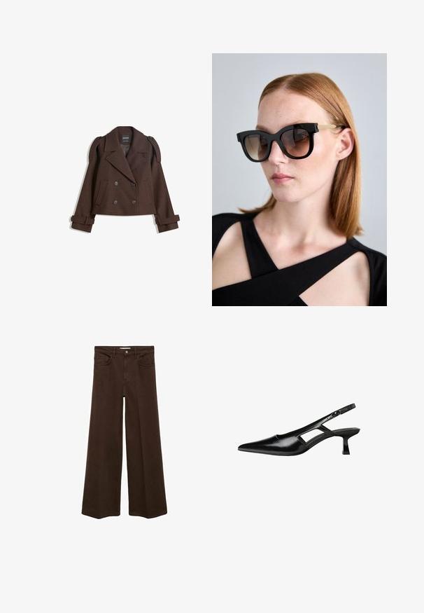 Hnedý dvojradový kabát z vlnenej zmesi s ramennými epauletmi, veľkými klopami, dvoma prednými vreckami a ohrnutými manžetami. Označená vnútorná etiketa.; Čierny priliehavý body s štvorcovým výstrihom, v kombinácii so svetlomodrými džínsami, ktoré majú dekoračný strieborný a ružový opasok.; Hnedé široké džínsy s štyrmi vreckami, zapínaním na gombík a pútkami na opasok. Tkanina má hladkú textúru a jednoliatu farbu bez vzorov.; Čierne lakované kožené lodičky na podpätku s špicatou špičkou, výrezovým dizajnom na boku a malým štvorcovým podpätkom. Hladký povrch s minimálnymi akcentmi.; Žena s rovnými červenými vlasmi, ktorá má na sebe veľké čierne slnečné okuliare so zlatými ramenami a čierny top s výrezmi na pozadí bez vzoru.
