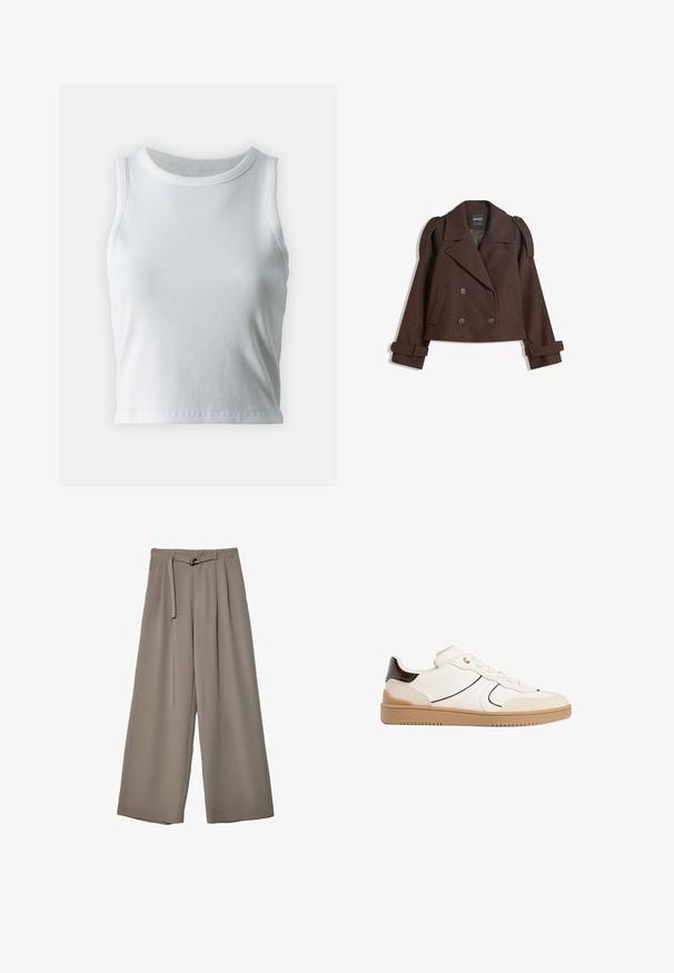 Giacca in misto lana marrone doppiopetto con spalline, ampie rever, due tasche frontali e maniche arrotolate. Etichetta interna marcata.; Top a canotta bianco a coste con scollatura rotonda e senza maniche, caratterizzato da un orlo dritto e una texture liscia e elastica.; Pantaloni a gamba larga in un morbido tessuto grigio tenue, con vita con cintura e pieghe per un tocco di design aggiuntivo. Texture liscia, senza motivi.; Stradivarius Sneakers basse - white