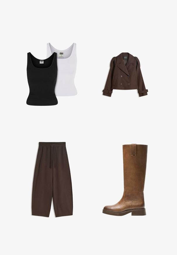 Barna, dupla soros, gyapjú keverék zakó vállfölötti díszítéssel, nagy hajtókával, két elülső zsebbel és feltekert ujjakra. Megjelölt bélés.; Két ujjatlan felső: az egyik fekete, a másik fehér. Mindkettő bordázott textúrával és mély kivágással rendelkezik. A belső oldalakon címkék jelzik a márkát és a méretet.; Barna, bőszárú nadrág puha anyagból, elasztikus derékpánttal és húzózsinórral, sima textúrával és letisztult dizájnnal.; Barna bőr, térd fölé érő csizma kerek orral, texturált felülettel és alacsony, stakolt sarokkal. Oldalsó panel és húzóhurok található a tetején.