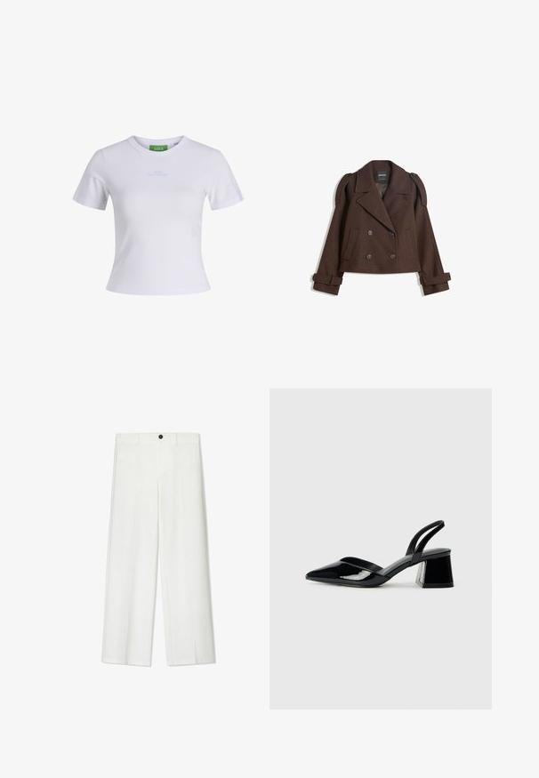 Hnedý dvojradový kabát z vlnenej zmesi s ramennými epauletmi, veľkými klopami, dvoma prednými vreckami a ohrnutými manžetami. Označená vnútorná etiketa.; Biele tričko z bavlny s krátkymi rukávmi, okrúhlym výstrihom a modrým nápisom "CUTE BUT PSYCHO" na hrudi. Mäkká textúra a priliehavý strih.; Biele široké nohavice s hladkou textúrou, so zapínaním na prednej strane a pútkami na opasok, navrhnuté pre voľný strih.; Čierne lakované kožené sandálové podpätky s špicatou špičkou a geometrickým blokovým podpätkom. Disponujú elegantným, minimalistickým dizajnom a hladkým povrchom.