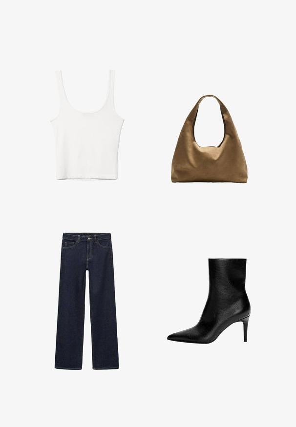 Smeđi dvostruki vuneni sako s epauletima na ramenima, velikim reverima, dva prednja džepa i prevrnutim manžetama. Oznaka unutrašnjosti.; Bijela pamučna majica bez rukava s izrezom u obliku slova U, tijesnog kroja. Glatka tekstura, jednostavan dizajn i minimalni detalji šivanja.; Tamno plave traperice s opuštenim krojem. Imaju visoki struk, pet džepova i kontrastno šivanje. Ravne nogavice, bez ukrasa.; Crne kožne gležnjače s šiljatim vrhom i uskim potpeticama srednje visine, glatke teksture, bez vidljivih kopčanja.; Smeđa platnena torba za rame s širokim, zaobljenim tijelom i velikim izrezanim drškom. Mekana tekstura, minimalistički dizajn i bez vidljivog hardvera.