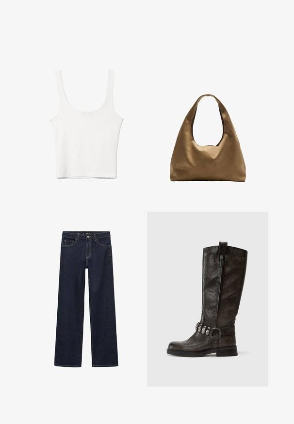 Giacca in misto lana marrone doppiopetto con spalline, ampie rever, due tasche frontali e maniche arrotolate. Etichetta interna marcata.; Top in cotone bianco senza maniche, con scollatura ampia e linea aderente. Tessuto liscio, design semplice e dettagli di cucitura minimi.; Jeans in denim scuro con vestibilità rilassata. Presentano vita alta, cinque tasche e cuciture a contrasto. Design a gamba dritta, senza decorazioni.; Tamaris Stivali texani / biker - cigar; Borsa a spalla in tessuto marrone con un corpo ampio e arrotondato e una grande maniglia a taglio. Texture morbida, design minimalista e senza hardware visibile.