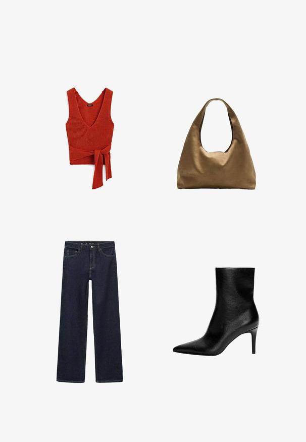 Brown double-breasted wool-blend jacket with shoulder epaulets, large lapels, two front pockets, and rolled cuffs. Marked interior label.; Red knitted tank top with a deep V-neck and a tied waist, featuring a textured surface and wide straps.; Dark wash denim jeans with a relaxed fit. Features a high waist, five pockets, and contrasting stitching. Straight leg design, no embellishments.; Black leather ankle boot with a sleek silhouette, pointed toe, and high stiletto heel. Smooth texture, minimalistic design with no visible hardware.; Brown fabric shoulder bag with a wide, rounded body and a large cutout handle. Soft texture, minimalistic design, and no visible hardware.