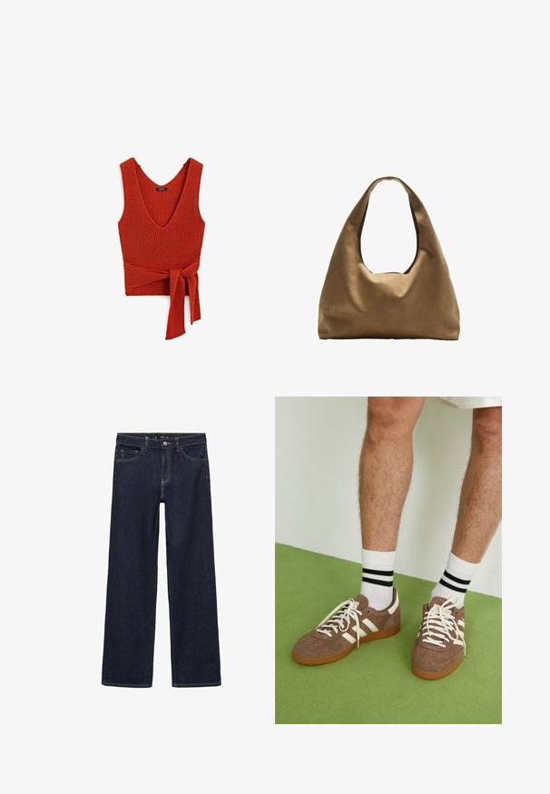 Braune, doppelt knöpfbare Wollmischjacke mit Schulterklappen, großen Revers, zwei Fronttaschen und umgeschlagenen Manschetten. Mit Etikett im Inneren.; Rotes gestricktes Tanktop mit tiefem V-Ausschnitt und gebundenem Taillenbereich, ausgestattet mit einer strukturierten Oberfläche und breiten Trägern.; Dunkel gewaschene Jeans mit einer lockeren Passform. Mit hohem Bund, fünf Taschen und kontrastierenden Nähten. Gerades Bein-Design, ohne Verzierungen.; Braune Wildleder-Sneaker mit weißen Akzenten und Schnürsenkeln. Gummisohle in Kautschuk-Optik. Getragen mit weißen Socken, die schwarze Streifen haben. Grüner strukturierter Fußboden.; Braune Stoffschultertasche mit einem breiten, runden Körper und einem großen Ausschnittgriff. Sanfte Textur, minimalistisches Design und keine sichtbaren Beschläge.