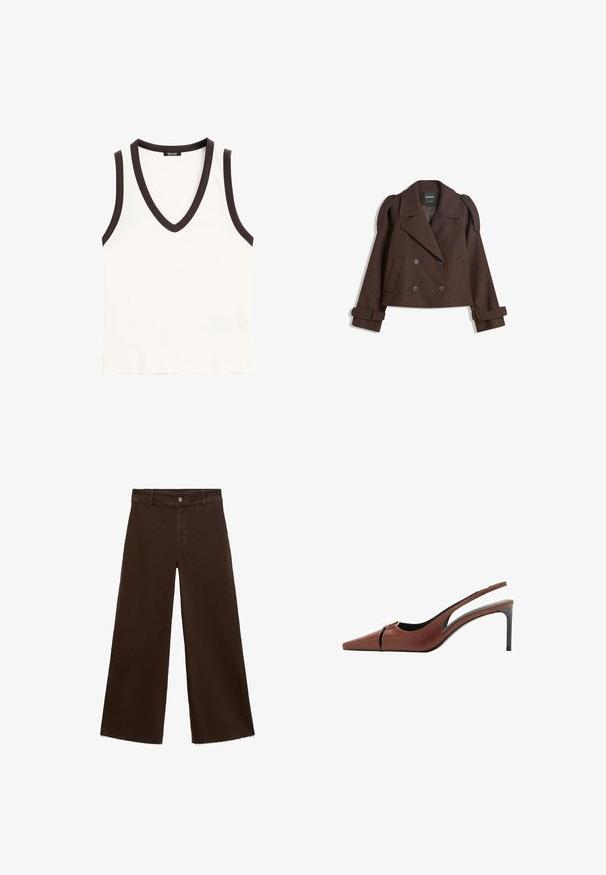 Giacca in misto lana marrone doppiopetto con spalline, ampie rever, due tasche frontali e maniche arrotolate. Etichetta interna marcata.; Canotta bianca senza maniche con scollo a V profondo e rifiniture marrone scuro attorno al collo e alle aperture delle maniche.; Pantaloni larghi marroni in misto cotone, caratterizzati da orlo sfrangiato, chiusura frontale con bottone e classico design a cinque tasche. Minimalisti e versatili.; Scarpa con tacco slingback in pelle marrone con punta appuntita, dettaglio a taglio sulla tomaia e un elegante tacco a stiletto. Texture liscia.
