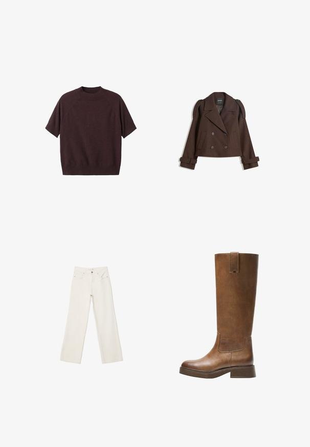Braune, doppelt knöpfbare Wollmischjacke mit Schulterklappen, großen Revers, zwei Fronttaschen und umgeschlagenen Manschetten. Mit Etikett im Inneren.; Kurzarmpullover aus dunklem Burgunderstrick. Mit einem gerippten Rundhalsausschnitt und relaxed Fit, mit Raglanärmeln und einer glatten Textur.; Weiße lässige Jeans aus Denim mit hochgeschnittenem Bund, Fronttaschen und Knopfverschluss. Schlichtes Design mit minimalen Akzenten.; Braunes Leder-Knöchelhochstiefel mit abgerundetem Zeh, strukturiertem Obermaterial und niedrigem, gestapeltem Absatz. Verfügt über ein seitliches Einsätzen und eine Ziehschlaufe an der Oberseite.