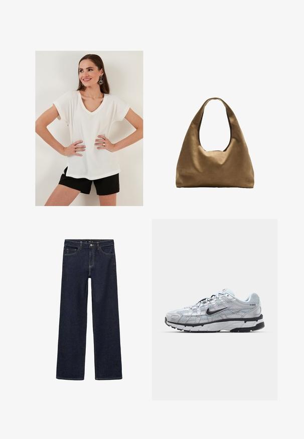 Brown double-breasted wool-blend jacket with shoulder epaulets, large lapels, two front pockets, and rolled cuffs. Marked interior label.; White textured short-sleeve top with a V-neck and side slits, paired with black shorts. Simple design, lightweight fabric, casual fit.; Dark wash denim jeans with a relaxed fit. Features a high waist, five pockets, and contrasting stitching. Straight leg design, no embellishments.; Nike P-6000 sneakers with a light grey mesh upper, black accents, and a durable black rubber sole. Features intricate design and lacing system.; Brown fabric shoulder bag with a wide, rounded body and a large cutout handle. Soft texture, minimalistic design, and no visible hardware.