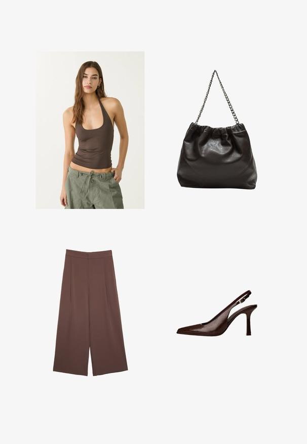 Braune, doppelt knöpfbare Wollmischjacke mit Schulterklappen, großen Revers, zwei Fronttaschen und umgeschlagenen Manschetten. Mit Etikett im Inneren.; Braunes ärmelloses Oberteil mit einem runden Ausschnitt und gerafftem Material, kombiniert mit olivgrünen Cargo-Hosen mit Kordelzug.; Braune Weite-Leg-Hosen mit einer glatten Textur, hoher Taille und Vorderfalten. Der Stoff ist leicht und fällt locker.; Braune Leder-Slingback-Pumps mit spitzer Zehenform und dünnem Absatz. Sie verfügen über eine kleine Akzent-Schnalle am Riemen und eine glänzende Oberfläche.; Braune Lederhandtasche mit gerafftem Oberteil und Kettenriemen. Glatte Textur mit glänzendem Finish und subtilen Nahtdetails an den Seiten.