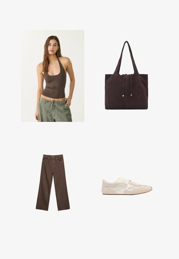 Brązowa, podwójnie zapinana kurtka z mieszanki wełny z epauletami na ramionach, dużymi klapami, dwiema przednimi kieszeniami i podwiniętymi mankietami. Oznakowana metka wewnętrzna.; Brązowy bezrękawnik z okrągłym dekoltem i marszczeniem, w połączeniu z oliwkowymi spodniami cargo na sznurku.; Szerokie brązowe dżinsy wykonane z denimu, z wysokim stanem, przednimi kieszeniami i klasycznym zapięciem na guzik. Gładka faktura z subtelnym przeszyciem.; Beżowe buty sportowe z połączeniem materiałów siatkowych i zamszowych, zaokrąglony czubek oraz sznurówki. Teksturowane akcenty na górnej części zwiększają przyczepność.; Mango - Torba na zakupy