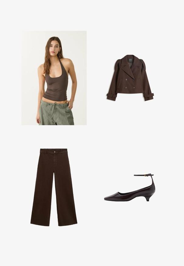 Brun dubbelknäppt jacka i ullblandning med axelklaffar, breda slag, två framfickor och rullade ärmar. Märkt inneretikett.; Brun ärmlös topp med rundad halsringning och rynkad textur, kombinerad med olivgröna cargobyxor med dragsko.; Bruna breda byxor i bomullsblandning med fransar vid fållen, framknäppning och klassisk femfickdesign. Minimalistiska och mångsidiga.; Mörkbrun spetsig läderkattklackssko med en tunn ankelrem och en liten guldkopp.