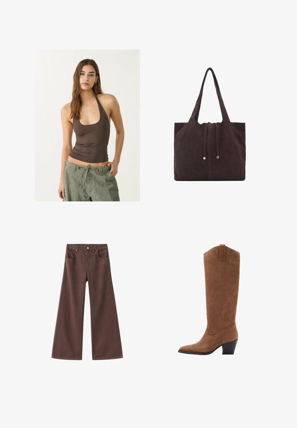 Hnědá dvouřadá bunda z vlněné směsi s epauletami na ramenou, velkými límci, dvěma předními kapsami a ohrnutými manžetami. Vnitřní štítek s označením.; Hnědý bezrukávový top s kulatým výstřihem a nařasenou texturou, spárovaný s olivově zelenými kalhotami s šňůrkou a kapsami.; Hnědé džíny s širokými nohavicemi vyrobené z denimu. Mají pět kapes, zipový klouzák a kovové nýty. Hladká textura a klasický design.; Hnědé semišové vysoké boty po kolena s špičatou špičkou, nakloněným podpatkem a dekorativním prošíváním na holeni. Hladká textura a zúžený design.; Mango Velká kabelka - dark brown
