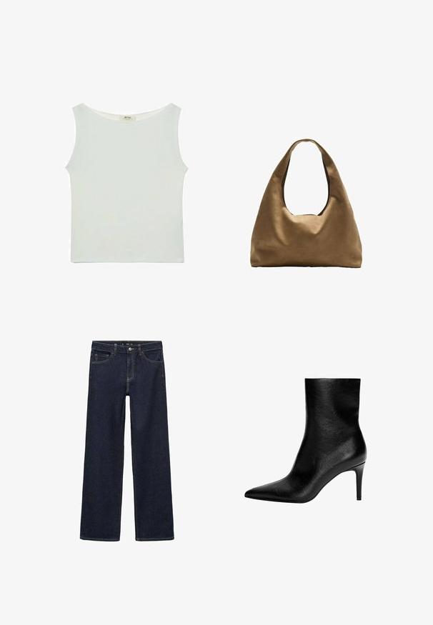 Smeđi dvostruki vuneni sako s epauletima na ramenima, velikim reverima, dva prednja džepa i prevrnutim manžetama. Oznaka unutrašnjosti.; Bijela bezrukavna majica s okruglim izrezom, napravljena od glatkog materijala. Ima opušteni kroj i ravni rub. Nema vidljivih uzoraka ili detalja.; Tamno plave traperice s opuštenim krojem. Imaju visoki struk, pet džepova i kontrastno šivanje. Ravne nogavice, bez ukrasa.; Crne kožne gležnjače s šiljatim vrhom i uskim potpeticama srednje visine, glatke teksture, bez vidljivih kopčanja.; Smeđa platnena torba za rame s širokim, zaobljenim tijelom i velikim izrezanim drškom. Mekana tekstura, minimalistički dizajn i bez vidljivog hardvera.