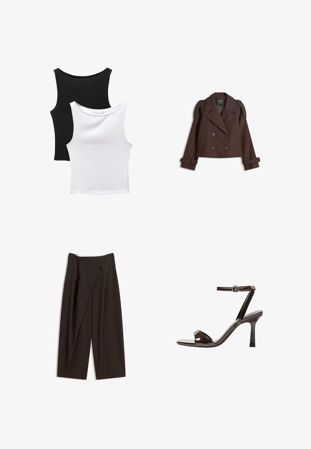 Braune, doppelt knöpfbare Wollmischjacke mit Schulterklappen, großen Revers, zwei Fronttaschen und umgeschlagenen Manschetten. Mit Etikett im Inneren.; Zwei ärmellose Oberteile in Schwarz und Weiß, aus Baumwolle gefertigt. Sie verfügen über runde Ausschnitte und ein tailliertes Design mit glatter Textur.; Dunkelbraune, weite Hosen mit hohem Bund, die über einen einzigen Knopfverschluss und eine gefaltete Vorderseite verfügen. Hergestellt aus leichtem Stoff.; Braune Lackleder-High-Heelsandale mit einem Knöchelriemen, offener Zehenpartie und einem schlanken, minimalistischen Design. Verfügt über einen quadratischen Absatz.