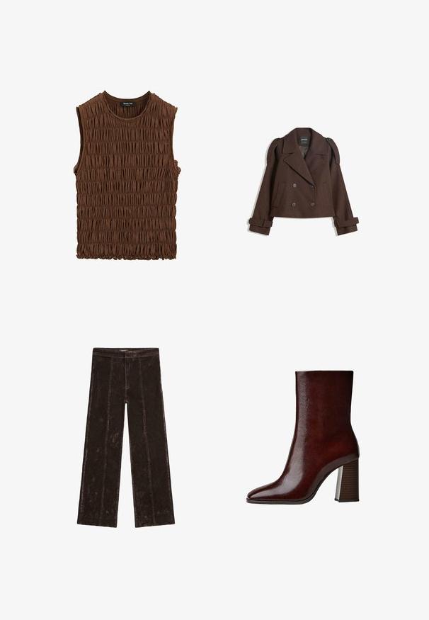 Brun dobbeltbrystet jakke i uldblanding med skulderlapper, store revers, to frontlommer og optrukne manchetter. Mærket indvendig label.; Brun ærmeløs top lavet af samlede stoffer. Har en rund halsudskæring og en tekstureret overflade med en let elastisk kant.; Breddebukser i mørkebrun farve med en ruskindsagtig tekstur, vertikale søm detaljer og en elastisk talje for komfort.; Brun læder ankelstøvle med spids tå, glat tekstur og en høj blokhæl, der har lodrette riller.