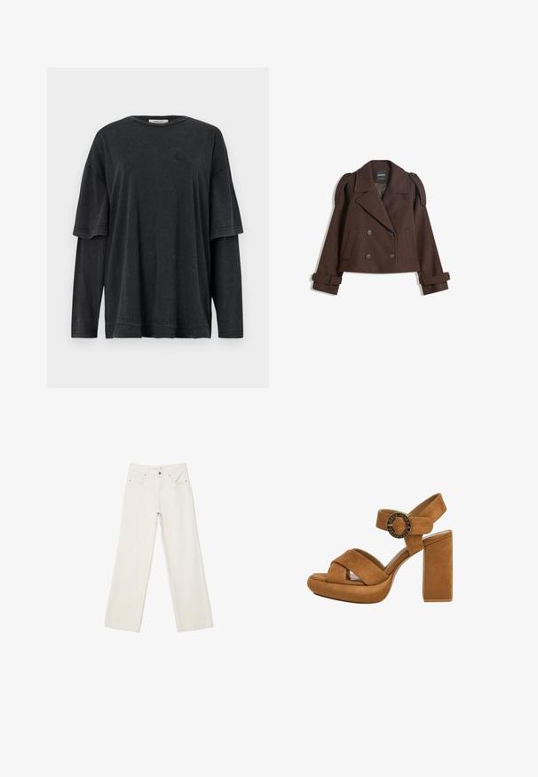 Hnědá dvouřadá bunda z vlněné směsi s epauletami na ramenou, velkými límci, dvěma předními kapsami a ohrnutými manžetami. Vnitřní štítek s označením.; Černé oversized tričko s krátkým rukávem vrstvené přes dlouhý rukáv. Vyrobeno z měkké, strukturované tkaniny s jemným detaily loga.; Bílé široké džíny vyrobené z denimové látky, s vysokým pasem, předními kapsami a knoflíkovým zapínáním. Čistý design s minimálními akcenty.; Hnědé semišové sandály na podpatku s platformou, širokými křížovými popruhy a kulatým kovovým uzávěrem na nártu.