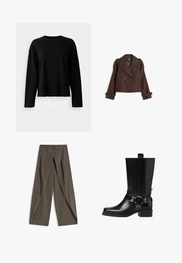 Braune, doppelt knöpfbare Wollmischjacke mit Schulterklappen, großen Revers, zwei Fronttaschen und umgeschlagenen Manschetten. Mit Etikett im Inneren.; Schwarzes Langarm-T-Shirt aus einem weichen, leichten Stoff mit Rundhalsausschnitt und lockerer Passform sowie minimalen Nähten.; Weite Hosen aus einem strukturierten, dunkelgrauen Stoff. Mit einer vorderen Faltenlegung, Knopfverschluss und praktischen Seitentaschen ausgestattet.; Schwarze Lederstiefel bis zum Knie mit spitzer Zehenform, silbernen Schnallenakzenten und einem klobigen Absatz. Verfügt über eine Zuglasche für einfaches Anziehen.