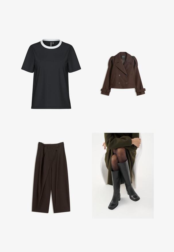 Brown double-breasted wool-blend jacket with shoulder epaulets, large lapels, two front pockets, and rolled cuffs. Marked interior label.; Black t-shirt with a white ribbed crew neckline, short sleeves, and a relaxed fit; made of smooth fabric with no visible patterns or details.; Dark brown wide-leg trousers with a high waist, featuring a single button closure and a pleated front. Made from lightweight fabric.; Knee-high black leather boots with a squared toe and block heel, shown with a model seated in an olive green coat. Smooth texture, minimal detailing.