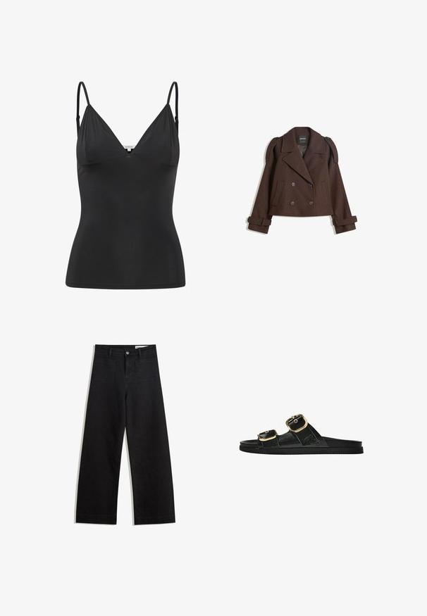 Bruine dubbelzijdige wollen blazer met schouderepauletten, grote revers, twee voorknoopzakken en opgerolde manchetten. Gemarkeerd binnenlabel.; Zwarte, getailleerde camisole met verstelbare dunne spaghettibandjes, V-hals, naadloos ontwerp en een zachte textuur. Gemaakt van een zachte, rekbare stof.; Zwarte denim broek met wijde pijpen en een hoge taille, voorzien van voor- en achterzakken, gestikte naden en een knoopsluiting. Gladde textuur.; Zwarte slipper met twee gouden gesps, gladde textuur, platte zool en een minimalistisch ontwerp.