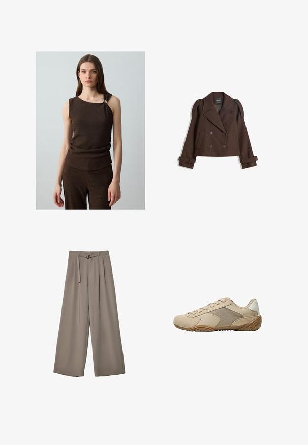 Bruine dubbelzijdige wollen blazer met schouderepauletten, grote revers, twee voorknoopzakken en opgerolde manchetten. Gemarkeerd binnenlabel.; Bruine mouwloze top van een gestructureerde stof, met een geplooide detail rond de taille en een gouden accent op de schouder.; Wijd nietenbroeken van een zachte, gedempte grijze stof, met een ceintuur in de taille en plooien voor extra ontwerpelementen. Gladde textuur, geen patronen.; Beige sportieve schoen met een bovenwerk van suede en mesh, een gestructureerde rubberen zool en platte veters. Gladde accenten bij de hiel met een afgerond teenontwerp.