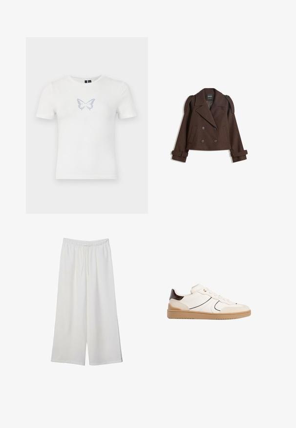 Hnedý dvojradový kabát z vlnenej zmesi s ramennými epauletmi, veľkými klopami, dvoma prednými vreckami a ohrnutými manžetami. Označená vnútorná etiketa.; Biely bavlnený tričko s krátkymi rukávmi s modrým motýlím dizajnom vyrobeným z malých kamienkov na hrudi. Okrúhly výstrih.; Biele široké nohavice z ľahkého materiálu s elastickým pásom a šnúrkou na nastavenie veľkosti. Hladká textúra.; Stradivarius Tenisky - white