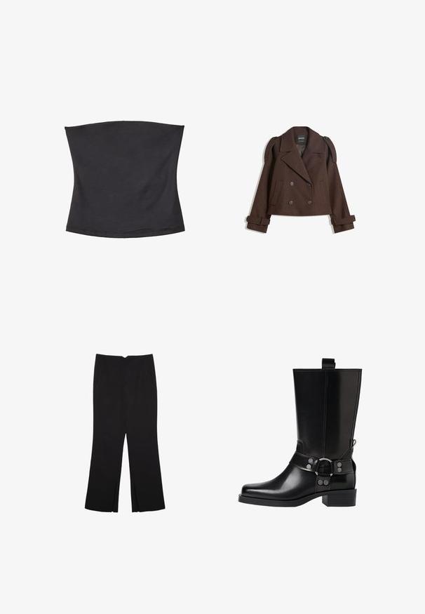 Brun dobbeltbrystet jakke i uldblanding med skulderlapper, store revers, to frontlommer og optrukne manchetter. Mærket indvendig label.; Sort tube top lavet af blødt, elastisk stof. Glat tekstur med elastikbånd i både top- og bundkant for en sikker pasform. Ingen mønster.; Sorte bukser med lige pasform, der har frontlommer og slidser i kanten. Lavet af blødt, glat stof. Velegnet til forskellige anledninger.; Sort læderknæhøj støvle med spids tå, sølv spænde detaljer og en robust hæl. Har en trækflap for nem påtagning.