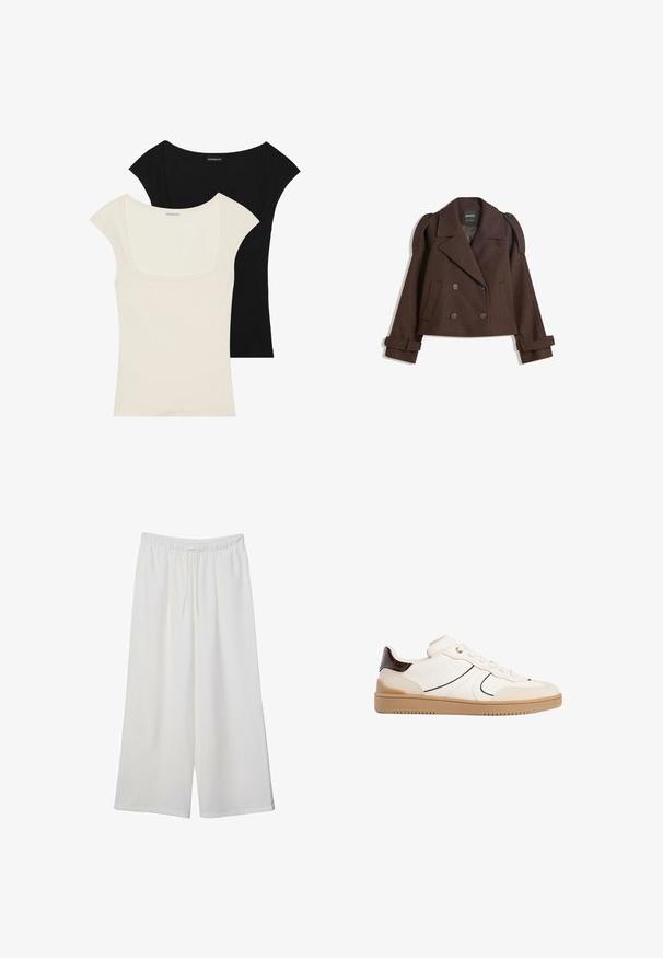 Braune, doppelt knöpfbare Wollmischjacke mit Schulterklappen, großen Revers, zwei Fronttaschen und umgeschlagenen Manschetten. Mit Etikett im Inneren.; Zwei figurbetonte Kurzarmoberteile: eines in Schwarz und eines in Elfenbein. Beide haben einen quadratischen Ausschnitt und eine gerippte Textur mit einer glatten Oberfläche.; Weiße, weit geschnittene Hosen aus leichtem Stoff, mit einem elastischen Bund und einem Zugband für eine verstellbare Passform. Glatte Textur.; Stradivarius Sneaker low - white