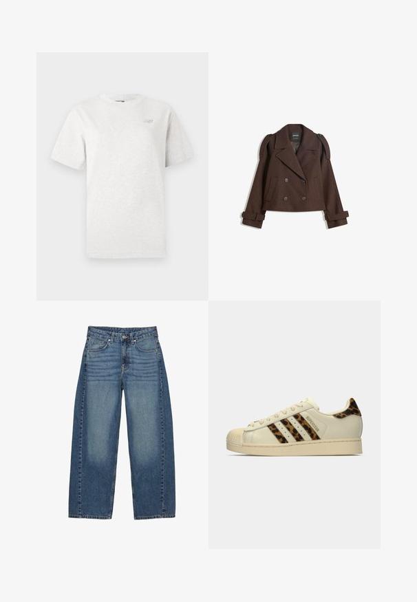 Bruine dubbelzijdige wollen blazer met schouderepauletten, grote revers, twee voorknoopzakken en opgerolde manchetten. Gemarkeerd binnenlabel.; Grijze T-shirt met korte mouwen van zachte katoen, met een ronde halslijn en een klein logo op de linkerborst.; Brede blauwe jeans van denim, met een klassieke vijf-pocketontwerp, een vervaagde wassing en tonale stiksels.; Off-white Adidas Superstar sneaker met luipaardprint strepen en hieltab, beige rubberen shell toe en "SUPERSTAR" tekst aan de zijkant.