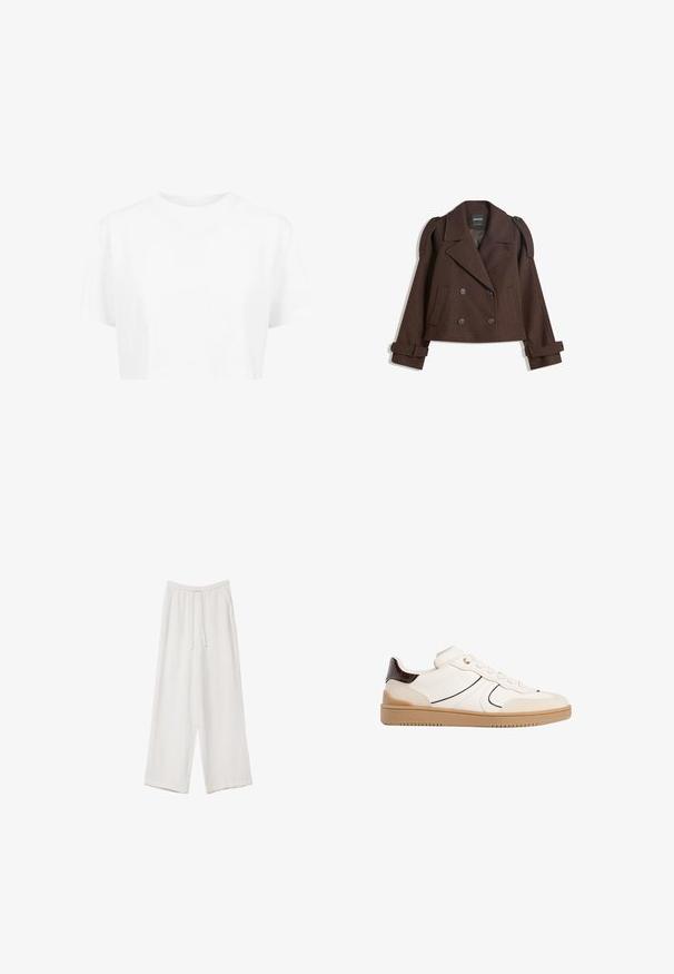 Brązowa, podwójnie zapinana kurtka z mieszanki wełny z epauletami na ramionach, dużymi klapami, dwiema przednimi kieszeniami i podwiniętymi mankietami. Oznakowana metka wewnętrzna.; Biała krótka koszulka, krótki rękaw, okrągły dekolt, wykonana z gładkiego materiału, bez widocznych wzorów czy wyraźnych detalów.; Białe spodnie o szerokich nogawkach wykonane z lekkiego materiału. Posiadają elastyczny pas z sznurkiem i boczne kieszenie. Gładka tekstura.; Stradivarius - Sneakersy niskie