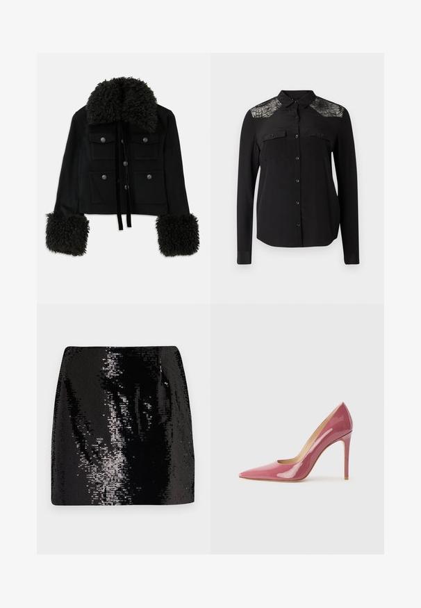 Black cropped jacket with a fuzzy black collar and cuffs, featuring four front pockets and silver button closures. Soft texture, elegant design.; Black long-sleeve shirt with button closure, two chest pockets, and lace detailing on the shoulders. Smooth fabric with a classic collar.; Black sequin mini skirt with a fitted design, high waist, and glossy texture, featuring reflective surface details and a sleek silhouette.; Pink patent leather high-heeled pump with a pointed toe and sleek silhouette, featuring a cut-out detail and a stiletto heel.