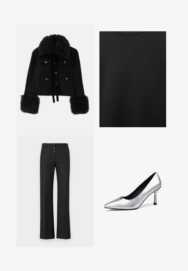 Čierna skrátená bunda s huňatým čiernym golierom a manžetami, so štyrmi prednými vreckami a striebornými gombíkmi. Mäkkučká textúra, elegantný dizajn.; Čierna bavlnená tkanina s hladkou textúrou a okrúhlym výstrihom, s jemným, rovnomerným zrnom. Žiadne viditeľné logo ani akcenty.; The Kooples PANTALON - Nohavice - black; Strieborné lodičky na vysokom opätku s špicatou špičkou a hladkým, lesklým kovovým povrchom. Majú štíhly opätok so čiernym akcentom na báze.