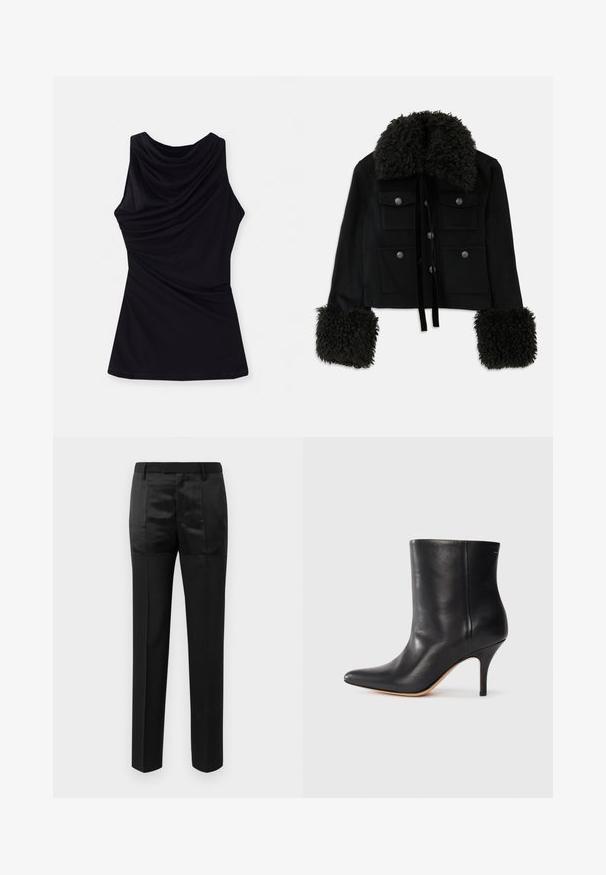 Black cropped jacket with a fuzzy black collar and cuffs, featuring four front pockets and silver button closures. Soft texture, elegant design.; Black sleeveless top featuring a draped neckline and soft, stretchy fabric with a fluid fit. Simple design with no additional patterns or accents.; Black tailored trousers with straight legs and a waistband with belt loops, featuring a mix of matte and shiny fabric panels.; Black leather ankle boot with pointed toe, slim stiletto heel, and smooth texture. Minimalist design with no visible hardware or accents.