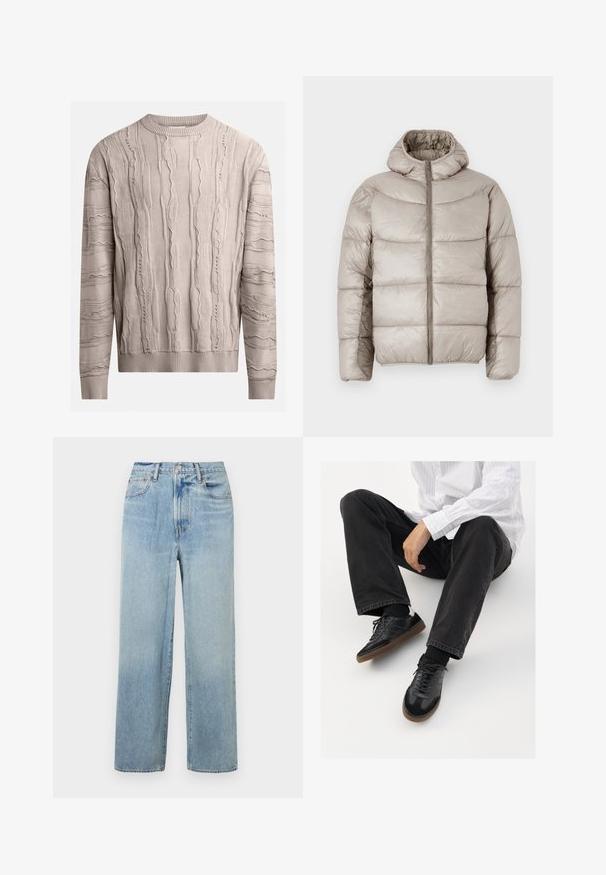 Pufferjack in licht beige, met capuchon, ritsluiting en gestikt ontwerp met opvallende horizontale stiksels. Glad, glanzend materiaal.; Licht beige trui met gestructureerde, verheven patronen. Lange mouwen, ribgebreide ronde hals en zoom. De stof lijkt zacht met een iets onregelmatig patroon.; Lichtblauwe, rechte denim jeans met hoge taille, voorzien van vijf zakken en subtiele vervaging. Ongemaaide zoom en contrasterende stikseldetails.; Zwarte sneakers met een glad en textuur detail, voorzien van een rubberen zool en donkere veters. Gecombineerd met zwarte jeans en een wit gestreept shirt.