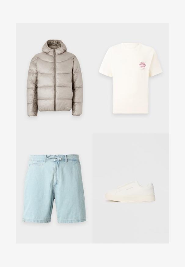 Puffer jacket in light beige, featuring a hood, zip closure, and quilted design with prominent horizontal stitching. Smooth, shiny texture.; White short-sleeve T-shirt with red text "Studio Originals Edition" on left chest, displayed on a neutral gray background.; Light blue denim shorts with an elastic waistband and tie detail, featuring side pockets and a relaxed fit. Smooth texture, casual design.; White slip-on sneakers with a textured surface, a thick sole, and minimalistic design. Features brand logo on the side.