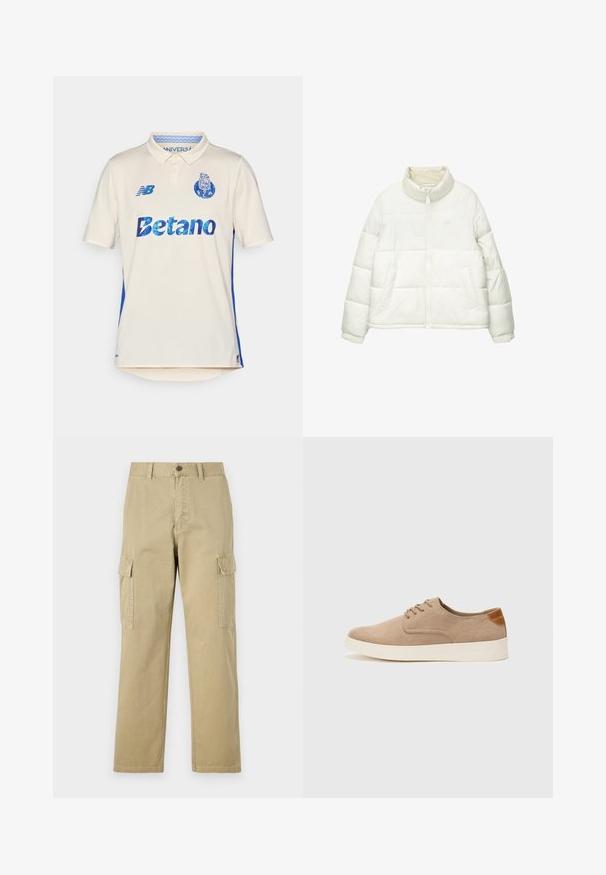 Valkoinen pehmeä takki, jossa on korkea kaulus, etuvetoketju, kaksi sivutaskua ja pehmeä, sileä pinnan rakenne. Vähäinen brändäys vaaleassa värissä.; Valkoinen polo-paita, jossa on siniset sivupaneelit. Ominaisuuksiin kuuluu "Betano"-logo sinisenä, teksturoitu kangas ja kaulus. New Balance -logo rinnassa.; Beige cargo-housut, jotka on valmistettu puuvillasta, ja niissä on kaksi sivutaskua, napp Closure ja suorat lahkeet, joissa on hieman teksturoitu kangas.; Beige nubuck-lenkkarit, joissa on pyöreä kärki, nauhakiinnitys ja teksturoitu takaosa. Valkoinen kumipohja tuo kontrastia. Yksinkertainen ja moderni muotoilu.