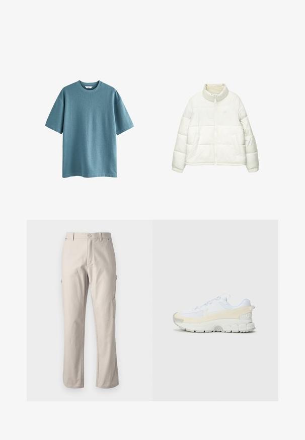 Witte gewatteerde jas met een hoge kraag, een voorkant met rits, twee zijzakken en een zachte, gladde textuur. Minimale branding in een lichte kleur.; Korte mouwen, ronde hals t-shirt van zacht, gestructureerd blauw materiaal. Relaxte pasvorm met rechte zoom en geen zichtbare logo's of patronen.; Beige cargobroek van stevig katoen met rechte pijpen, voorknopsluiting en zijzakken voor gebruiksgemak. Gladde textuur met subtiele stiksels.; Sportschoen met een witte mesh bovenkant, crèmekleurige accenten en een dikke, gestructureerde zool. Heeft veters en een versterkte hiel voor ondersteuning.