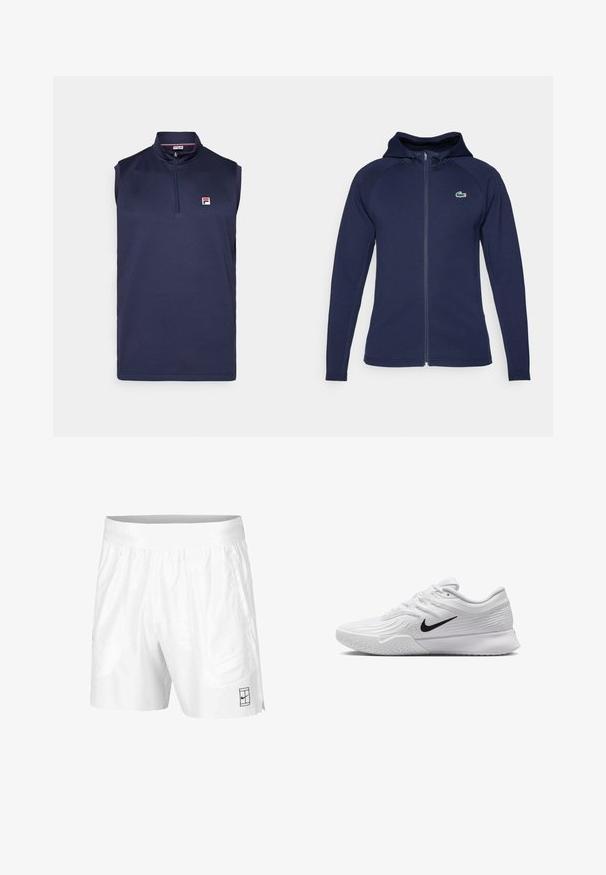 Tamnoplava zip-up dukserica napravljena od mekanog materijala, sa podstavljenom kapuljačom, raglan rukavima i Lacoste logom na lijevoj strani prsnog koša.; Nautička bezrukavna polo majica s patentnim zatvaračem, izrađena od teksturirane tkanine, s malim crvenim i bijelim logotipom na lijevoj strani prsnog koša.; Bijele atletske kratke hlače izrađene od lagane tkanine s elastičnim pojasom, koje imaju dva bočna džepa i mali crni logo na rubu.; Bijela atletska cipela s teksturiranim mrežastim gornjištem, crnim Nike znak, podstavljenim ovratnikom i gumeni potplat s uzorkom gaznog sloja.