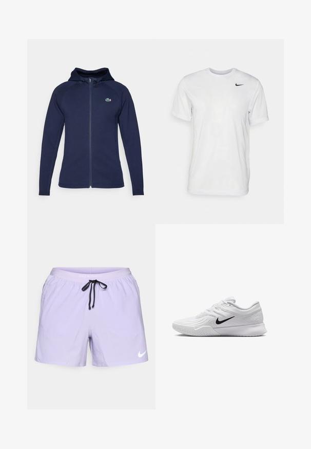 Tamnoplava zip-up dukserica napravljena od mekanog materijala, sa podstavljenom kapuljačom, raglan rukavima i Lacoste logom na lijevoj strani prsnog koša.; Bijela kratkotrajna majica s kratkim rukavima izrađena od glatkog materijala. Ima okrugli izrez i mali crni Nike logo na lijevoj strani prsnog koša.; Nike kratke hlače za trčanje u svijetlo ljubičastoj boji, s crnim vezicom, elastičnom waistbandom i dva bočna džepa. Bijeli Nike logo na donjem desnom dijelu.; Bijela atletska cipela s teksturiranim mrežastim gornjištem, crnim Nike znak, podstavljenim ovratnikom i gumeni potplat s uzorkom gaznog sloja.