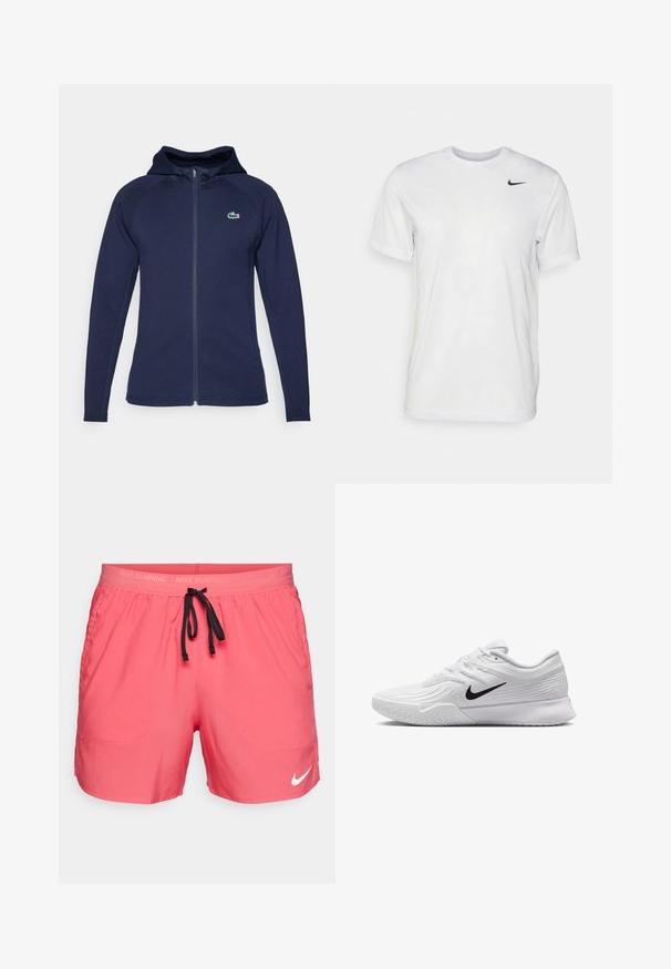 Corta-vento azul marinho com fecho de correr feito de tecido macio, apresentando um capuz forrado, mangas raglan e um logo da Lacoste no lado esquerdo do peito.; T-shirt branca de mangas curtas feita de tecido suave. Apresenta um decote redondo e um pequeno logótipo da Nike em preto no lado esquerdo do peito.; Nike Performance STRIDE - Calções desportivos - aster pink/black/reflective silver; Sapatilha atlética branca com parte superior em malha texturizada, swoosh preto da Nike, colarinho almofadado e sola de borracha com um padrão de ranhura.