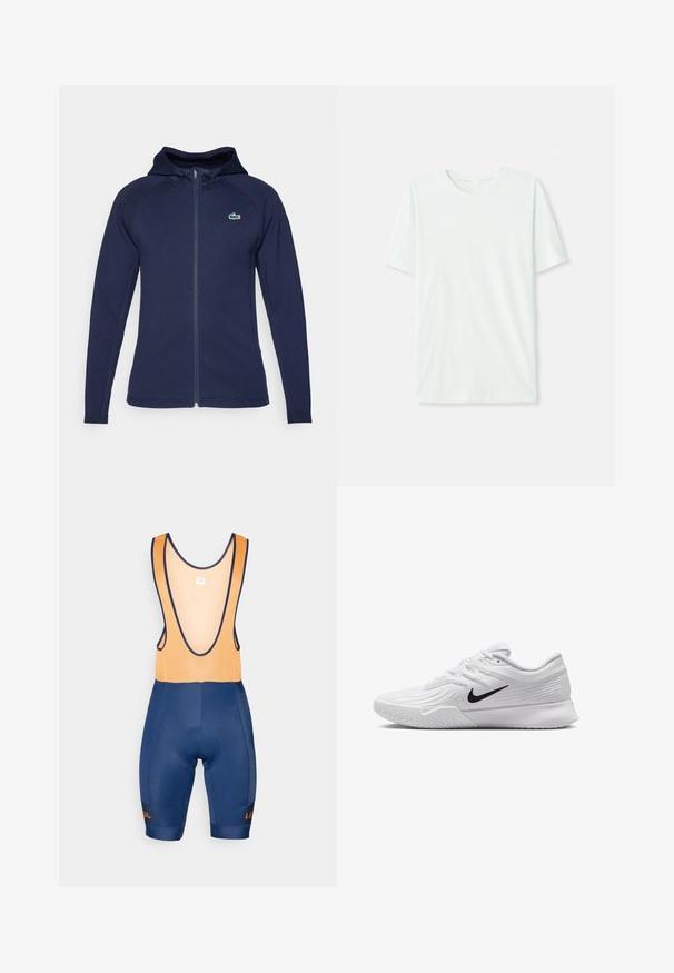 Námořnická modrá mikina na zip vyrobená z měkké tkaniny, s podšívkovou kapucí, raglanovými rukávy a logem Lacoste na levé straně hrudi.; Světle máková zelená krátkosrstá tričko vyrobené z měkké tkaniny. Má kulatý výstřih a jednoduchý, rovný střih bez ozdob.; Modré cyklistické šortky s oranžovými síťovinovými ramínky, polstrovaným sedlem a kontrastním logem. Mají přiléhavý střih a hladký povrch.; Bílá sportovní obuv s texturovaným síťovaným svrchním materiálem, černým logem Nike, polstrovaným límcem a gumovou podrážkou s vzorkem na běhání.