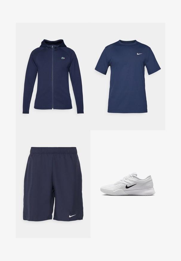 Dunkelblaues Zip-Hoodie aus weichem Stoff, mit gefütterter Kapuze, Raglanärmeln und einem Lacoste-Logo auf der linken Brust.; Marineblaue Nike-T-Shirt aus weichem Stoff, mit kurzen Ärmeln, einem Rundhalsausschnitt und einem kleinen weißen Logo auf der oberen linken Brust.; Marineblaue Sportshorts aus glattem Stoff, mit einem elastischen Bund und einem weißen Nike-Logo am unteren linken Bein.; Weißer Sportschuh mit strukturiertem Mesh-Obermaterial, schwarzem Nike-Swoosh, gepolstertem Kragen und Gummisohle mit einem Profilmuster.