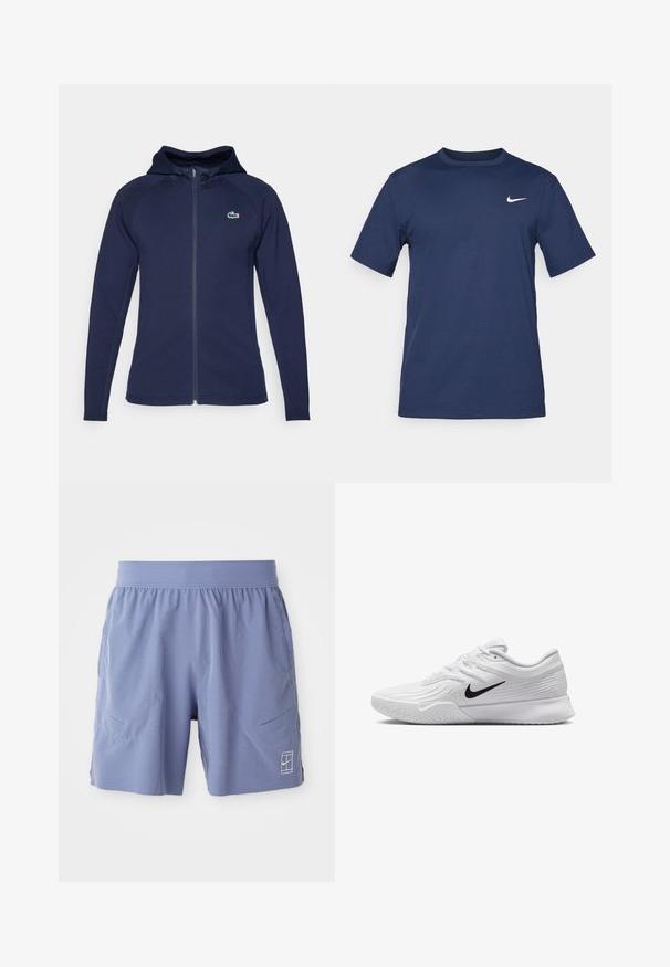 Tamnoplava zip-up dukserica napravljena od mekanog materijala, sa podstavljenom kapuljačom, raglan rukavima i Lacoste logom na lijevoj strani prsnog koša.; Tamno plavi Nike majica od mekog materijala, s kratkim rukavima, okruglim izrezom i malim bijelim logotipom na gornjem lijevom dijelu prsiju.; Svijetloplave atletske kratke hlače s elastičnom strukom, dva bočna džepa i mali bijeli logo na donjoj prednjoj desnoj strani. Glatka tekstura.; Bijela atletska cipela s teksturiranim mrežastim gornjištem, crnim Nike znak, podstavljenim ovratnikom i gumeni potplat s uzorkom gaznog sloja.