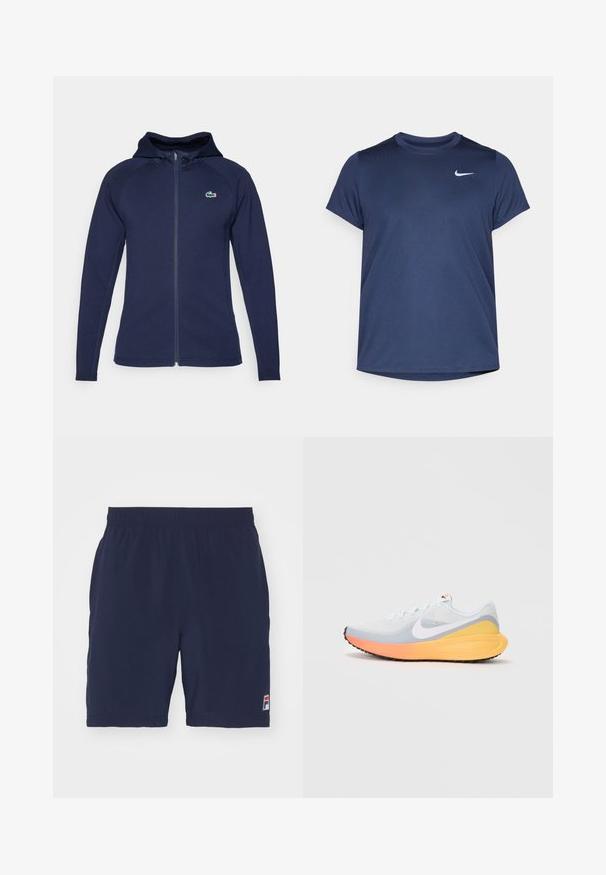 Navyblauwe zip-up hoodie van zachte stof, met een gevoerde capuchon, raglanmouwen en een Lacoste-logo op de linker borst.; Marineblauwe sportieve t-shirt met korte mouwen, gemaakt van gladde, lichte stof; heeft een klein wit Nike-logo op de bovenste linkerzijde.; Marineblauwe sportshorts van ademend materiaal met een elastische tailleband en een klein logo-embleem aan de linkerbenedenhoek.; Lichtblauwe hardloopschoen met een ademend bovenwerk van mesh. Bevat een witte swoosh, een oranje en gele tussenzool, en een zwarte buitenzool voor grip.